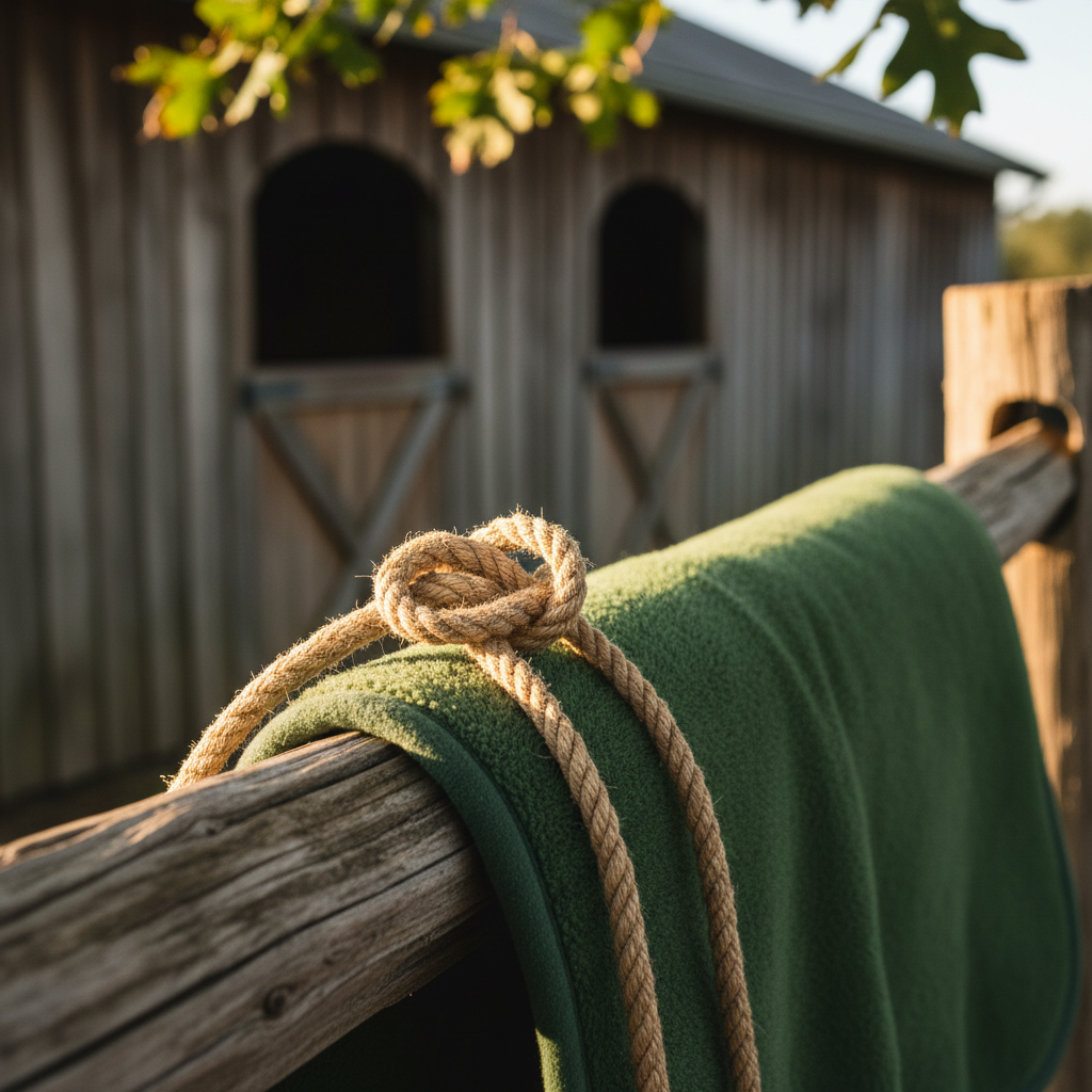 Close view of a braided natural-fiber rope tied into a neat figure-eight knot, resting atop a smooth, moss-green saddle blanket on a split-rail fence. Shadows from nearby oak leaves dapple the scene, illuminated by late afternoon sun that enhances the textures of both rope and fabric. In the shaded background, hints of a wooden barn and tack room doors provide additional context without dominating the image. The feeling is timeworn and honest, suggesting careful preparation and deep respect for natural horsemanship methods. The composition is tight and intentional, with a shallow depth of field that draws the viewer’s eye to the tactile details. The overall style is warm, organic, and emphasizes simple rural beauty.